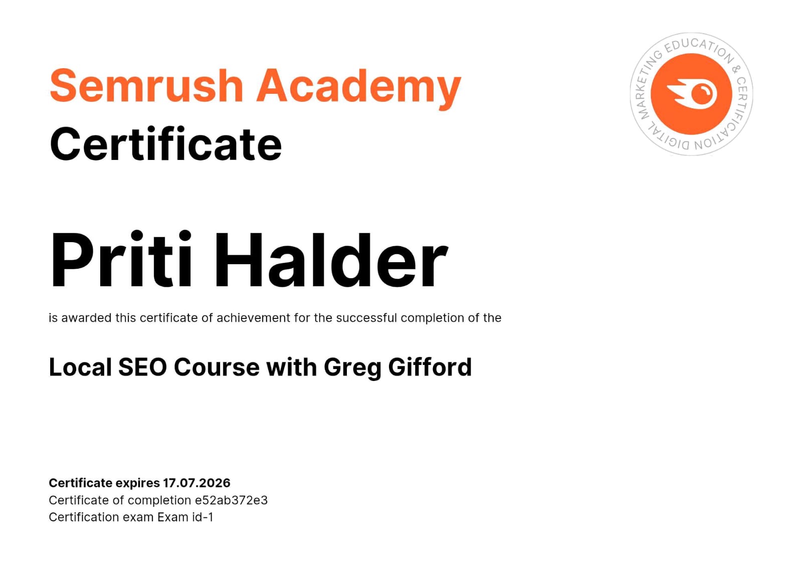"Professional certificate showcasing skills in digital marketing and content creation.