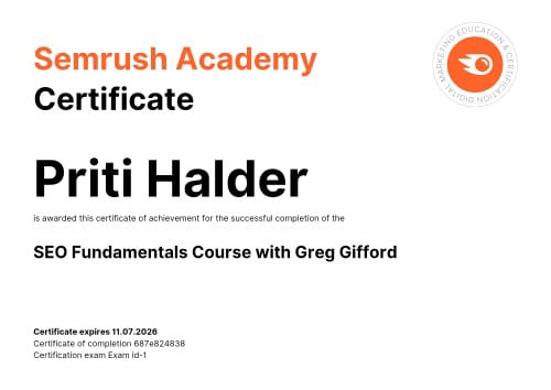 Certificate of completion for SEO fundamentals course by semrush academy, awarded to priti halder.