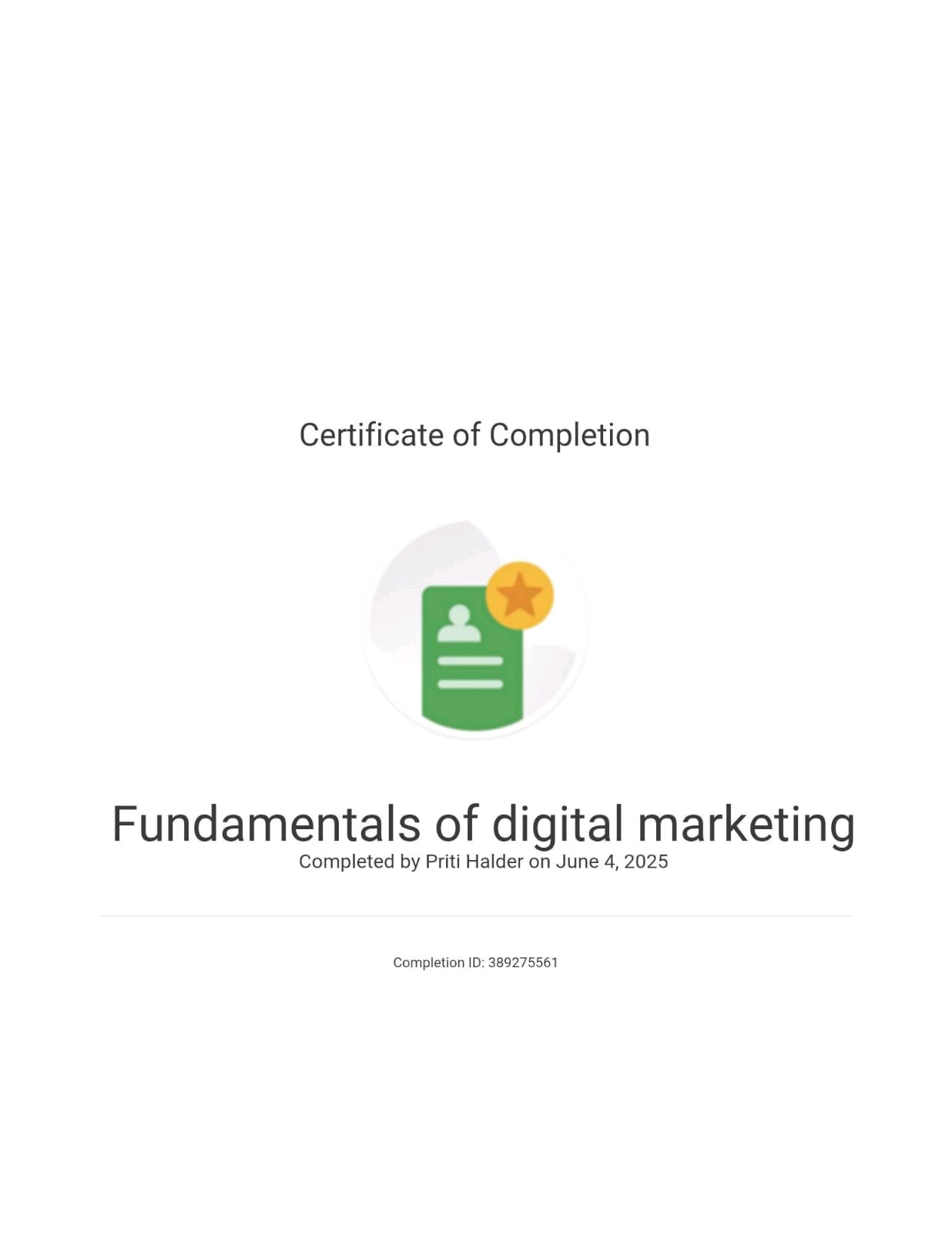 Professional certificate showcasing skills in digital marketing and content creation