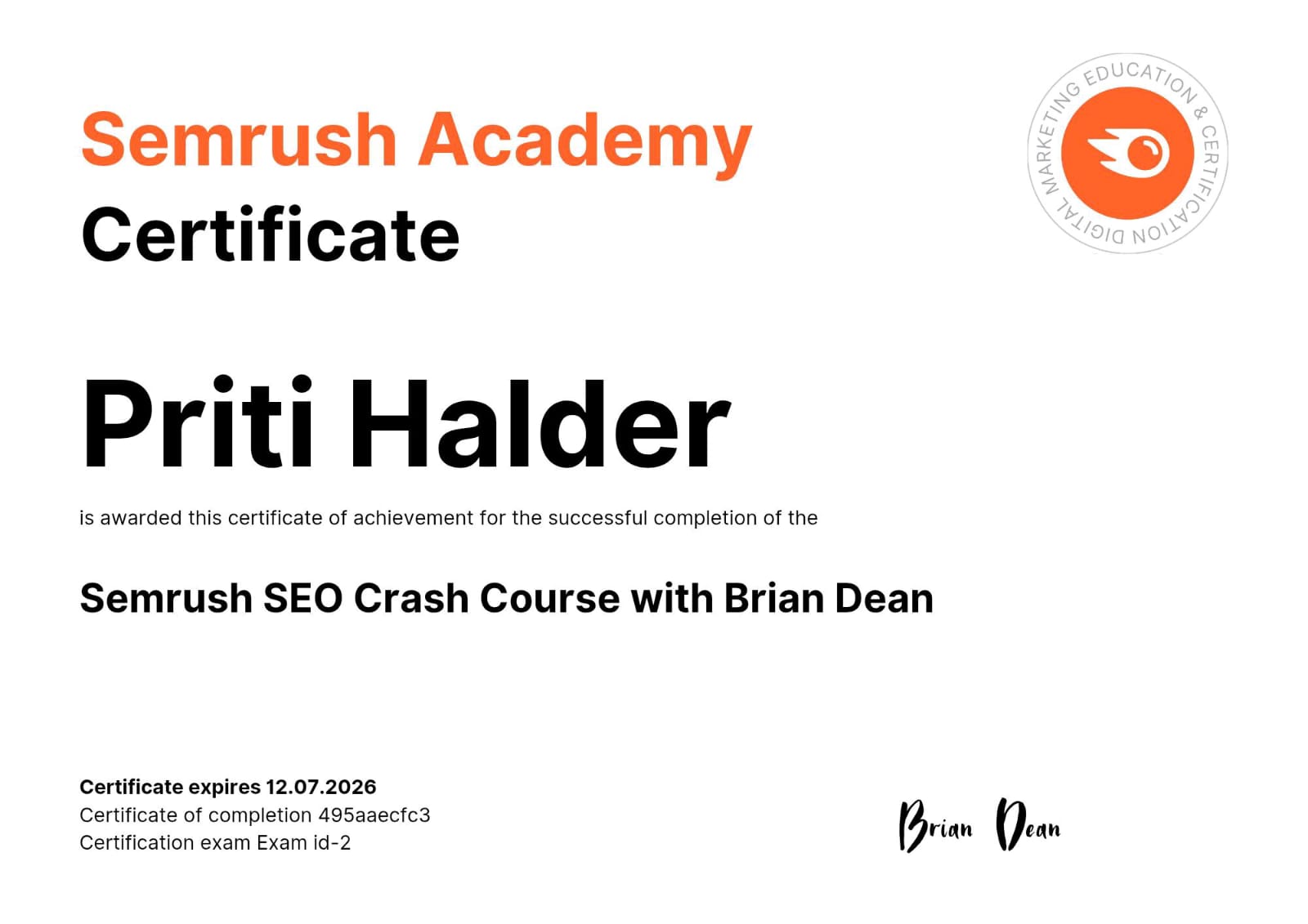 Certificate of completion for Semrush SEO Crash Course with Brian Dean, awarded to Priti Halder.