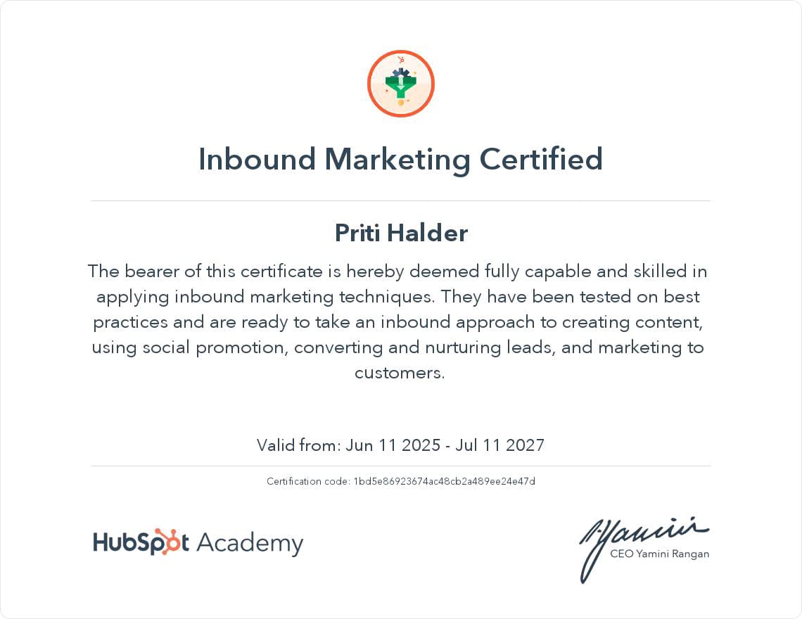Professional certificate showcasing skills in digital marketing and content creation.