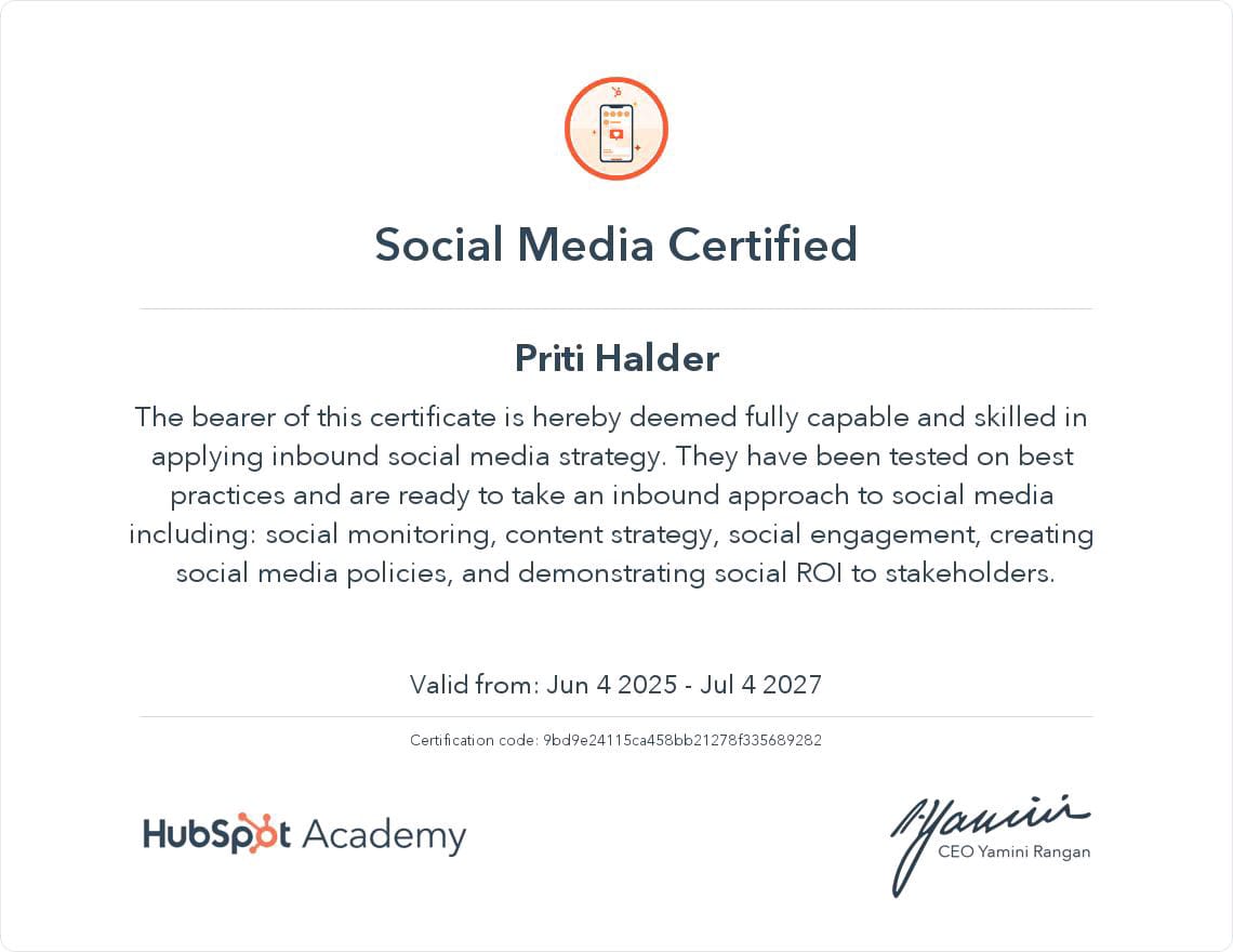 HubSpot Social Media Certification awarded to Priti Halder, highlighting skills in social media monitoring, engagement, content strategy, and measuring ROI.